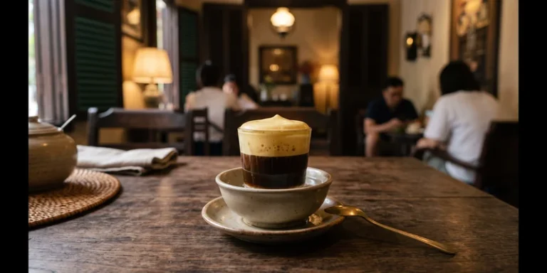 Glass of Vietnamese egg coffee topped with whipped egg cream in a Hanoi cafe